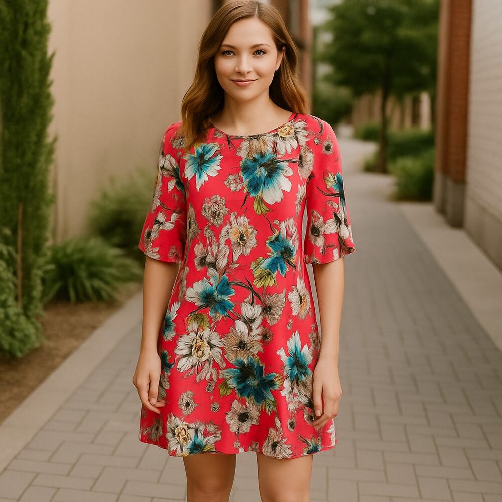 Floral Tunic Dress Scoop Neck Short Sleeve Pink